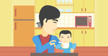 An asian father feeding baby at home. Young father teaching baby to eat with spoon. Father spoon-feeding her baby at kitchen. Vector flat design illustration. Horizontal layout.のイラスト素材