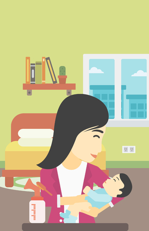 An asian mother holding a newborn baby in hands and a breast pump standing on the table in front of her. Young mother feeding her baby. Vector flat design illustration. Vertical layout.のイラスト素材