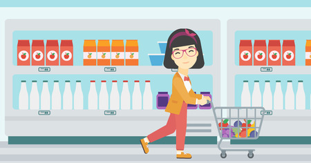 An asian young woman pushing a supermarket cart with some goods in it. Customer shopping at supermarket with cart full with groceries. Vector flat design illustration. Horizontal layout.のイラスト素材