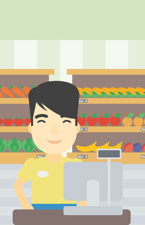 An asian young cashier standing at the checkout in supermarket. Male cashier working at checkout in supermarket. Vector flat design illustration. Vertical layout.のイラスト素材