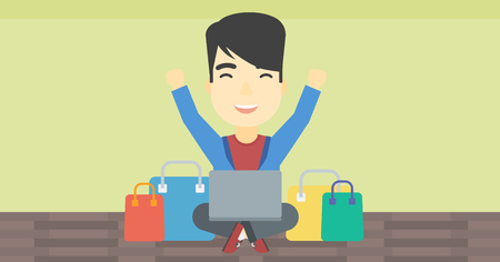 An asian young man with hands up using laptop for shopping online. Customer sitting with shopping bags around him. Man doing online shopping. Vector flat design illustration. Horizontal layout.のイラスト素材