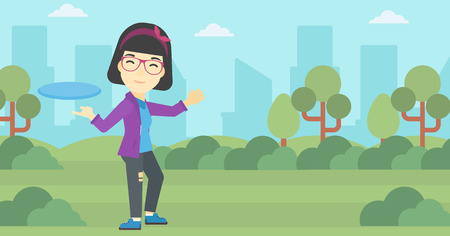 An asian sportive woman playing flying disc in the park. Young woman throwing a flying disc. Sportswoman catching flying disc outdoors. Vector flat design illustration. Horizontal layout.のイラスト素材