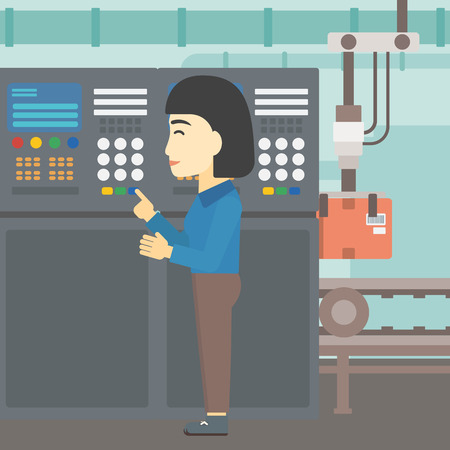 An asian woman working on control panel. Woman pressing button at control panel in plant. Engineer standing in front of the control panel. Vector flat design illustration. Square layout.のイラスト素材