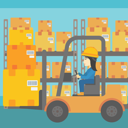 An asian warehouse worker loading cardboard boxes. Forklift driver at work in storehouse. Warehouse worker driving forklift at warehouse. Vector flat design illustration. Square layout.のイラスト素材