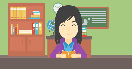 An asian female student reading a book. Student reading book and preparing for exam. Student studying at classroom. Education concept. Vector flat design illustration. Horizontal layout.のイラスト素材