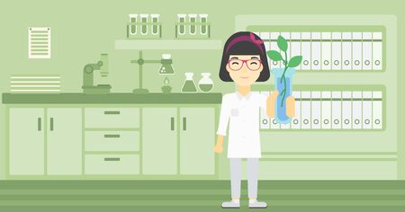 An asian female scientist holding test tube with young plant. Scientist analyzing plant in test tube. Scientist holding test tube with sprout. Vector flat design illustration. Horizontal layout.のイラスト素材