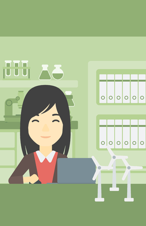 An asian woman working in office with laptop and model wind turbine on the table. Woman working with model wind turbines. Green energy concept. Vector flat design illustration. Vertical layout.のイラスト素材