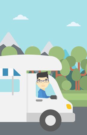 An asian man driving a motor home in the forest. Man travelling by camper van. Vector flat design illustration. Vertical layout.のイラスト素材