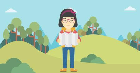 Traveler with backpack looking at map. An asian woman travelling in mountains. Traveler searching right direction on map. Vector flat design illustration. Horizontal layout.のイラスト素材
