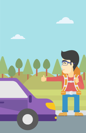 An asian young man with backpack hitchhiking on roadside. Hitchhiking man trying to stop a car on the road. Vector flat design illustration. Vertical layout.のイラスト素材