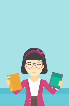 An asian woman choosing between tablet computer and paper book. Woman holding book in one hand and tablet computer in the other. Vector flat design illustration. Vertical layout.のイラスト素材