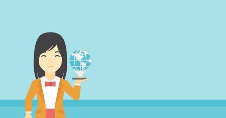 An asian woman holding a smartphone with a model of planet earth above the device. International technology communication concept. Vector flat design illustration. Horizontal layout.のイラスト素材