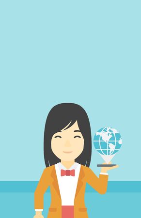 An asian woman holding a smartphone with a model of planet earth above the device. International technology communication concept. Vector flat design illustration. Vertical layout.のイラスト素材