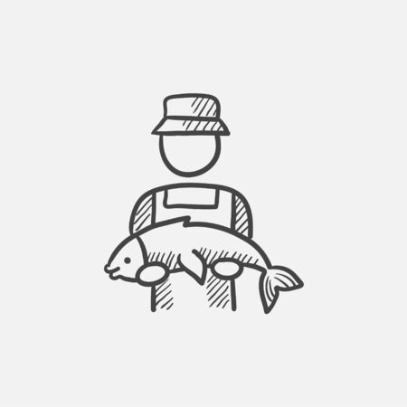Fisherman with big fish sketch icon for web, mobile and infographics. Hand drawn vector isolated icon.のイラスト素材
