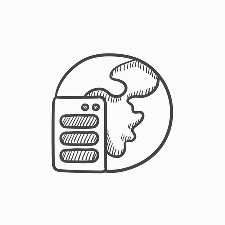 Server and globe vector sketch icon isolated on background. Hand drawn Server and globe icon. Server and globe sketch icon for infographic, website or app.のイラスト素材