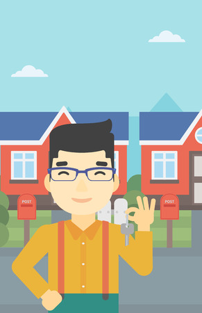 An asian young male real estate agent holding key. Man with keys standing in front of the house. Happy new owner of a house. Vector flat design illustration. Vertical layout.のイラスト素材