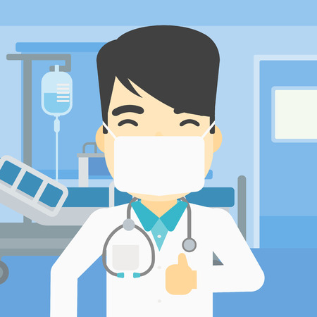 An asian doctor in mask giving thumbs up. Happy doctor with thumbs up in the hospital room. Doctor showing thumbs up gesture. Vector flat design illustration. Square layout.のイラスト素材