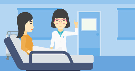 An asian female doctor visiting male patient at hospital ward. Doctor pointing finger up during consultation with patient in hospital room. Vector flat design illustration. Horizontal layout.のイラスト素材