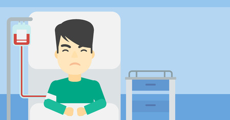 An asian man lying in bed at hospital ward with equipment for blood transfusion. Man during medical procedure with drop counter at medical room. Vector flat design illustration. Horizontal layout.のイラスト素材
