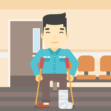 An asian injured man with leg in plaster. Man with broken using crutches. Man with fractured leg in the hospital corridor. Vector flat design illustration. Square layout.のイラスト素材