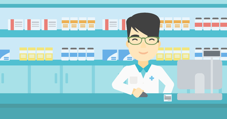 An asian young pharmacist in medical gown standing at pharmacy counter and working on a computer. Male pharmacist in the drugstore. Vector flat design illustration. Horizontal layout.のイラスト素材
