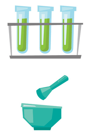 Laboratory equipment - test tubes, mortar and pestle vector flat design illustration isolated on white background.のイラスト素材