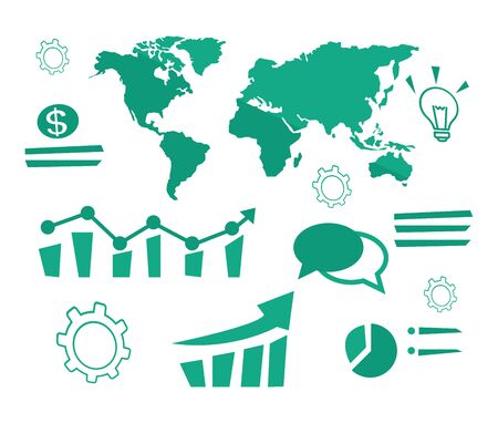World map with different infographics, light bulb, coin, cogwheel vector flat design illustration isolated on white background.のイラスト素材