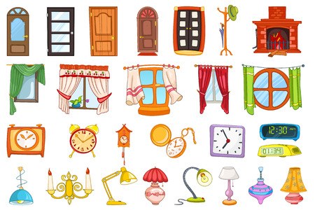 Set of entrance and interior doors, coat rack, windows, table lamps, alarm clocks, pocket clock, digital cllock, fireplace, chandelier, cuckoo-clock. Vector illustration isolated on white background.のイラスト素材