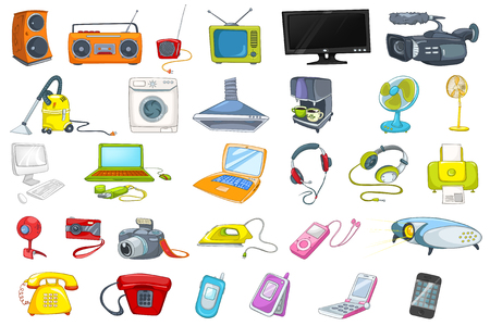 Set of household appliances, electronic devices, gadgets and computer equipment. Set of vacuum cleaner, laptop, iron, fan, radio, camera and other. Vector illustration isolated on white background.のイラスト素材