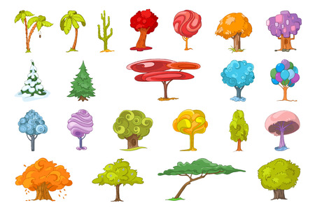 Set of various cute trees. Collection of colourful fantasy trees. Palm trees, mexican tall cactus, autumn trees, fir-trees, colourful fairy trees. Vector illustration isolated on white background.のイラスト素材