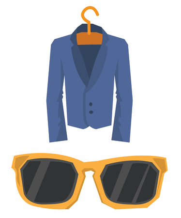 Trendy suit on hanger and sunglasses vector flat design illustration isolated on white background.のイラスト素材