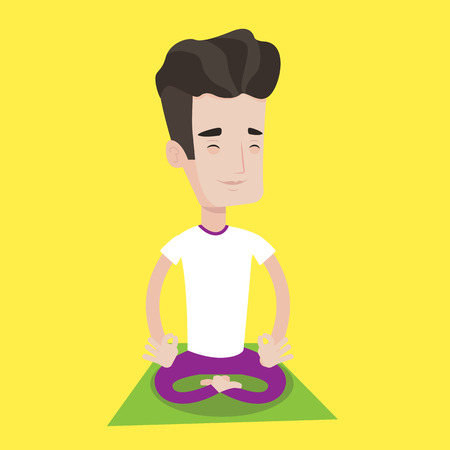Young man meditating in yoga lotus pose. Man relaxing in the yoga lotus position. Man doing yoga. Vector flat design illustration. Square layout.のイラスト素材