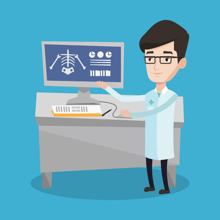 Doctor in medical gown examining a radiograph. Doctor looking at a chest radiograph on computer screen. Doctor observing a skeleton radiograph. Vector flat design illustration. Square layout.のイラスト素材