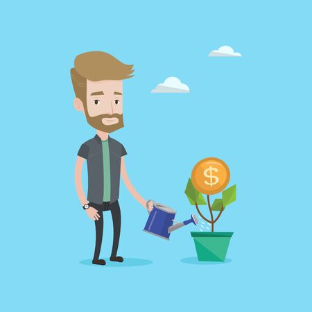 A hipster man with the beard watering a money flower. Happy businessman taking care of finances. Successful business and money growth concept. Vector flat design illustration. Square layout.のイラスト素材