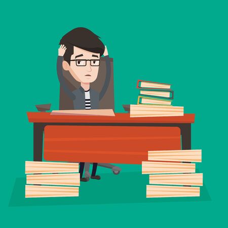 A businessman in despair sitting at workplace and clutching his head in front of heap of papers. Man being overworked with lots of work. Vector flat design illustration. Square layout.のイラスト素材