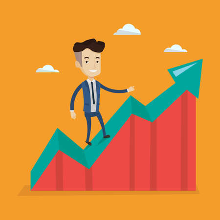 Happy businessman standing on an uprising chart. Cheerful businessman running along the growth graph. Businessman going up. Successful business concept. Vector flat design illustration. Square layout.のイラスト素材