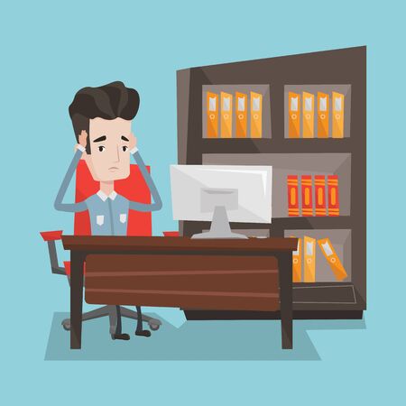 A tired man sitting at workplace in front of computer. Worried businessman working in the office. Overworked employee clutching his head in the office. Vector flat design illustration. Square layout.のイラスト素材