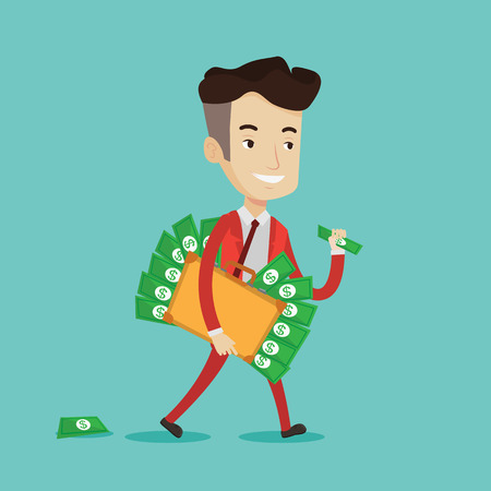 A happy businessman walking with suitcase full of money. Smiling businessman holding briefcase full of money. Businessman with money in his bag. Vector flat design illustration. Square layout.のイラスト素材
