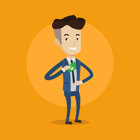 Young businessman putting money in his pocket. Businessman hiding money in jacket pocket. Bribing, corruption and fraud concept. Vector flat design illustration. Square layout.のイラスト素材