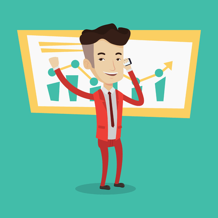 Businessman raising his arm while getting good news on mobile phone near the growth chart. Concept of business stock exchange trading, business success. Vector flat design illustration. Square layout.のイラスト素材