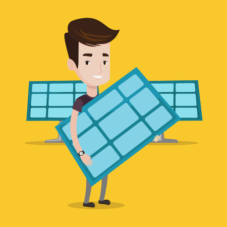 Young happy man holding solar panel in hands. Man with solar panel in hands standing on background of solar power plant. Green energy concept. Vector flat design illustration. Square layout.のイラスト素材