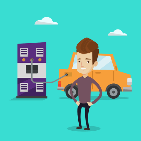 Young happy man charging electric car at charging station. Cheerful man standing near power supply for electric car charging. Vector flat design illustration. Square layout.のイラスト素材