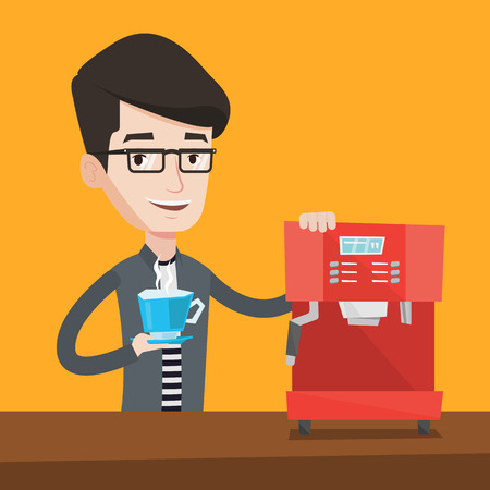 Young happy man making coffee with a coffee-machine. Man holding cup of hot coffee in hand. Smiling man standing beside a coffee machine. Vector flat design illustration. Square layout.のイラスト素材