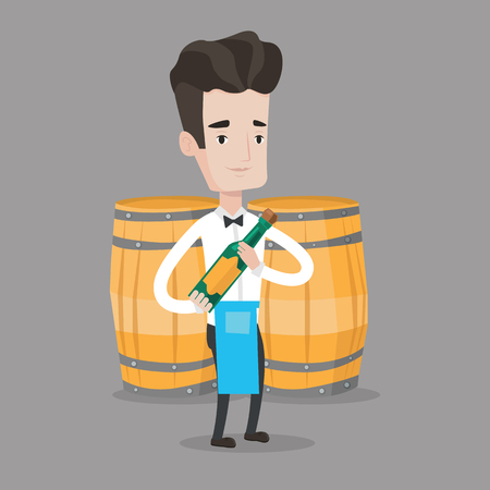 Young waiter holding a bottle of alcohol. Waiter with bottle in hands standing on the background of wine barrels. Sommelier presenting a wine bottle. Vector flat design illustration. Square layout.のイラスト素材