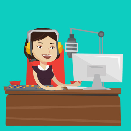 Young female dj working in front of microphone, computer and mixing console on the radio. Cheerful news presenter in headset working on a radio station. Vector flat design illustration. Square layout.のイラスト素材
