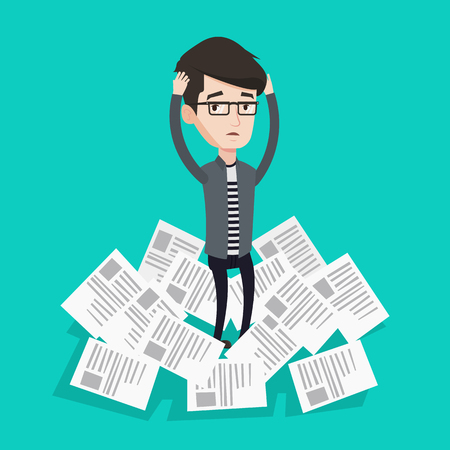 Overworked man clutching head because of having a lot of work to do. Businessman surrounded by lots of papers. Businessman standing in the heap of papers. Vector flat design illustration.Square layoutのイラスト素材
