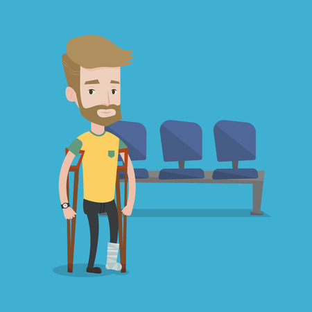 An injured hipster man with the beard with leg in plaster. Man with broken leg using crutches. Young man with fractured leg in the hospital corridor. Vector flat design illustration. Square layout.のイラスト素材