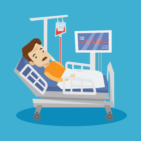 An adult man lying in bed in hospital. Patient resting in hospital bed with heart rate monitor. Patient during blood transfusion procedure. Vector flat design illustration. Square layout.のイラスト素材