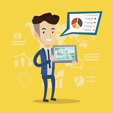 Businessman pointing at the charts on tablet computer screen. Young businessman presenting report with a digital tablet on a background of graphs. Vector flat design illustration. Square layout.のイラスト素材