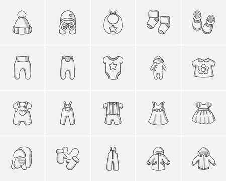 Baby clothes sketch icon set for web, mobile and infographics. Hand drawn baby clothes icon set. Baby clothes vector icon set. Baby clothes icon set isolated on white background.のイラスト素材